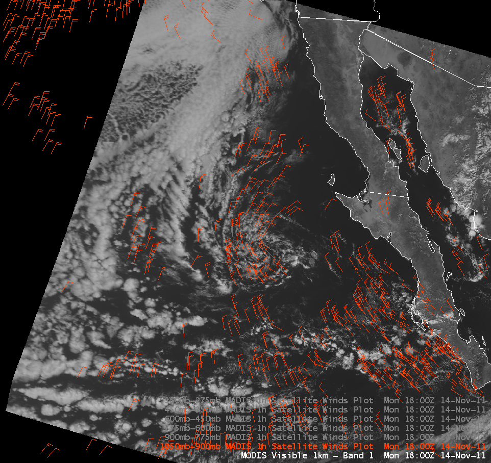 MODIS 0.65 Âµm visible channel image + MADIS 1-hour interval satellite winds