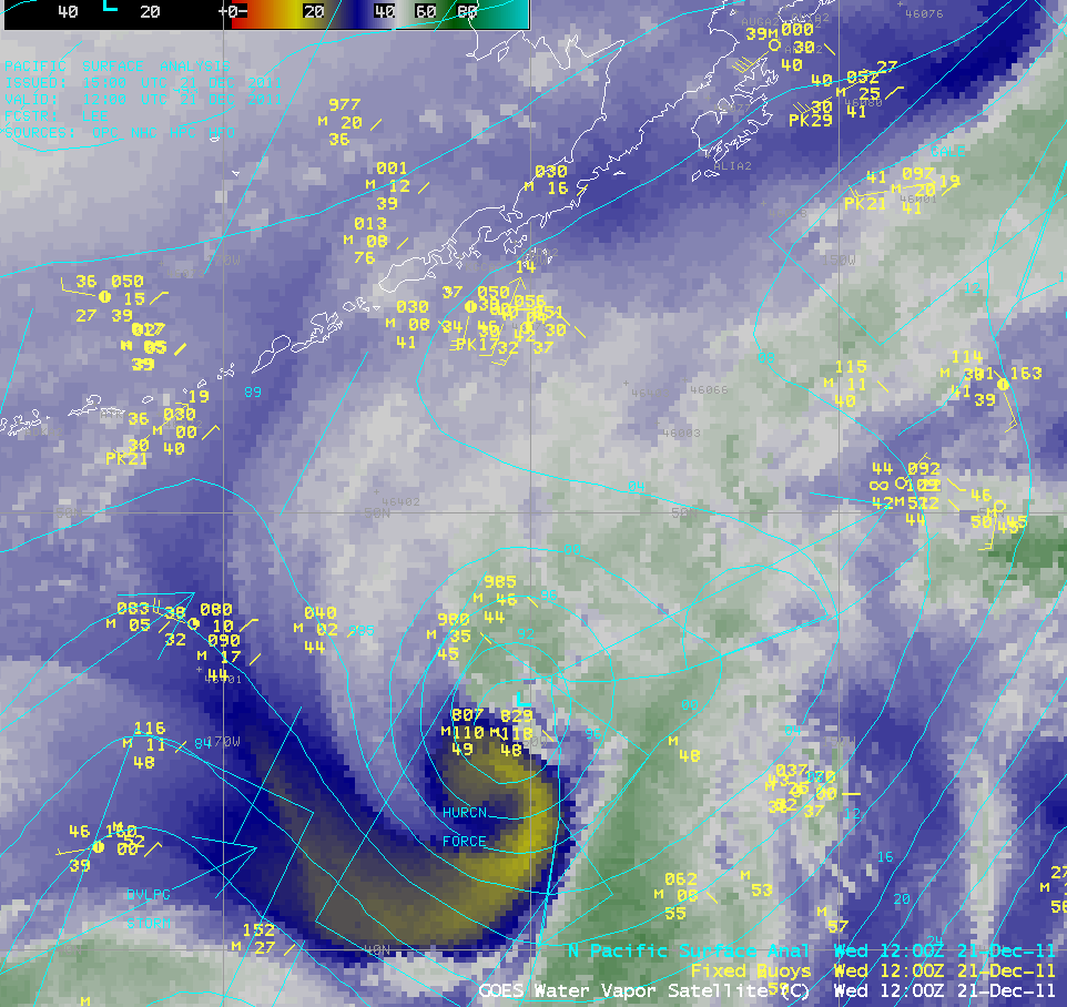 GOES-15 6.5 Âµm water vapor images + Fixed buoy reports + Surface analysis