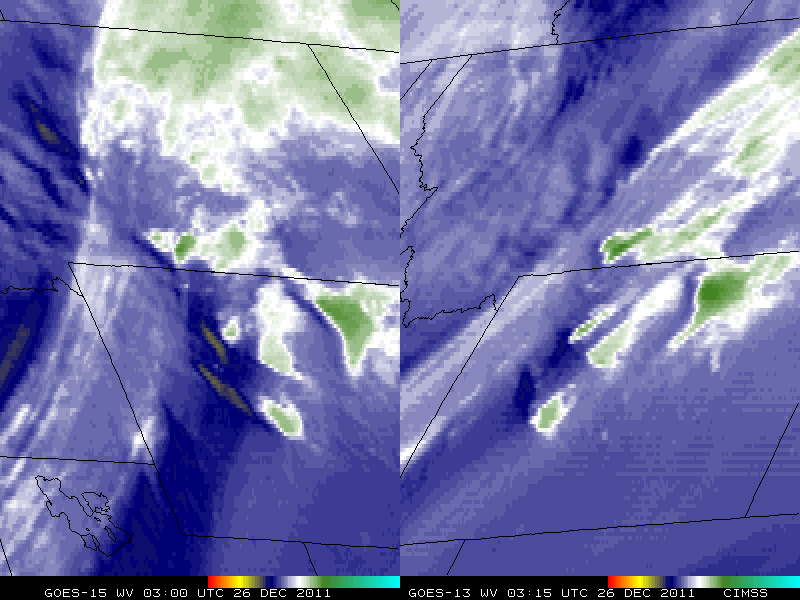 GOES-15 (GOES-West) and GOES-13 (GOES-East) 6.5 Âµm water vapor channel images (click image to play animation)