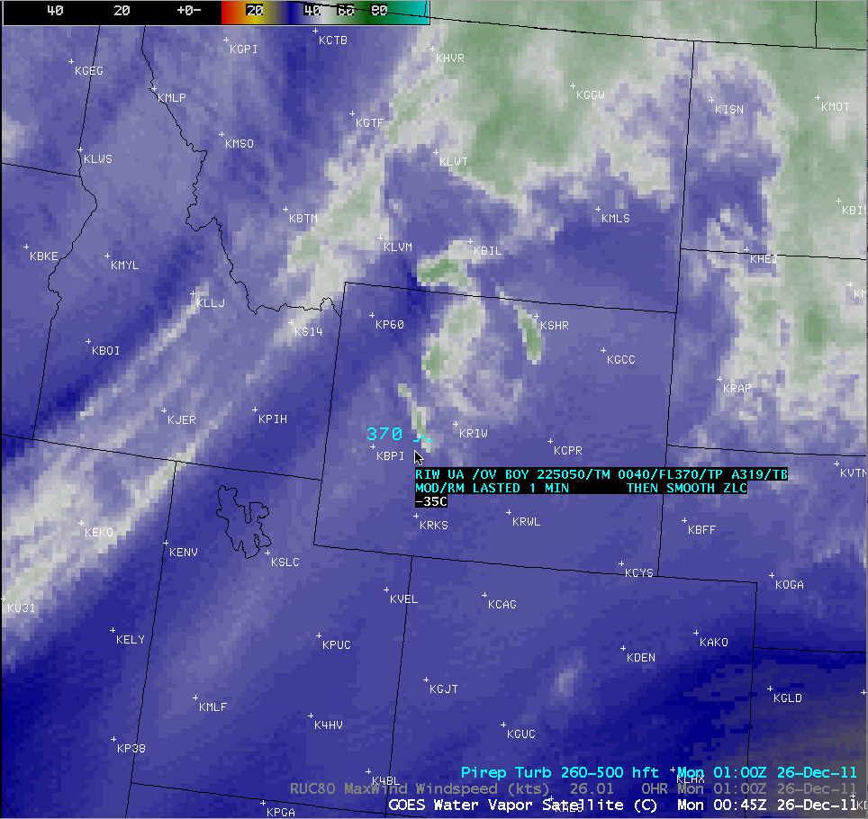 GOES-13 6.5 Âµm water vapor channel image + pilot report of turbulence