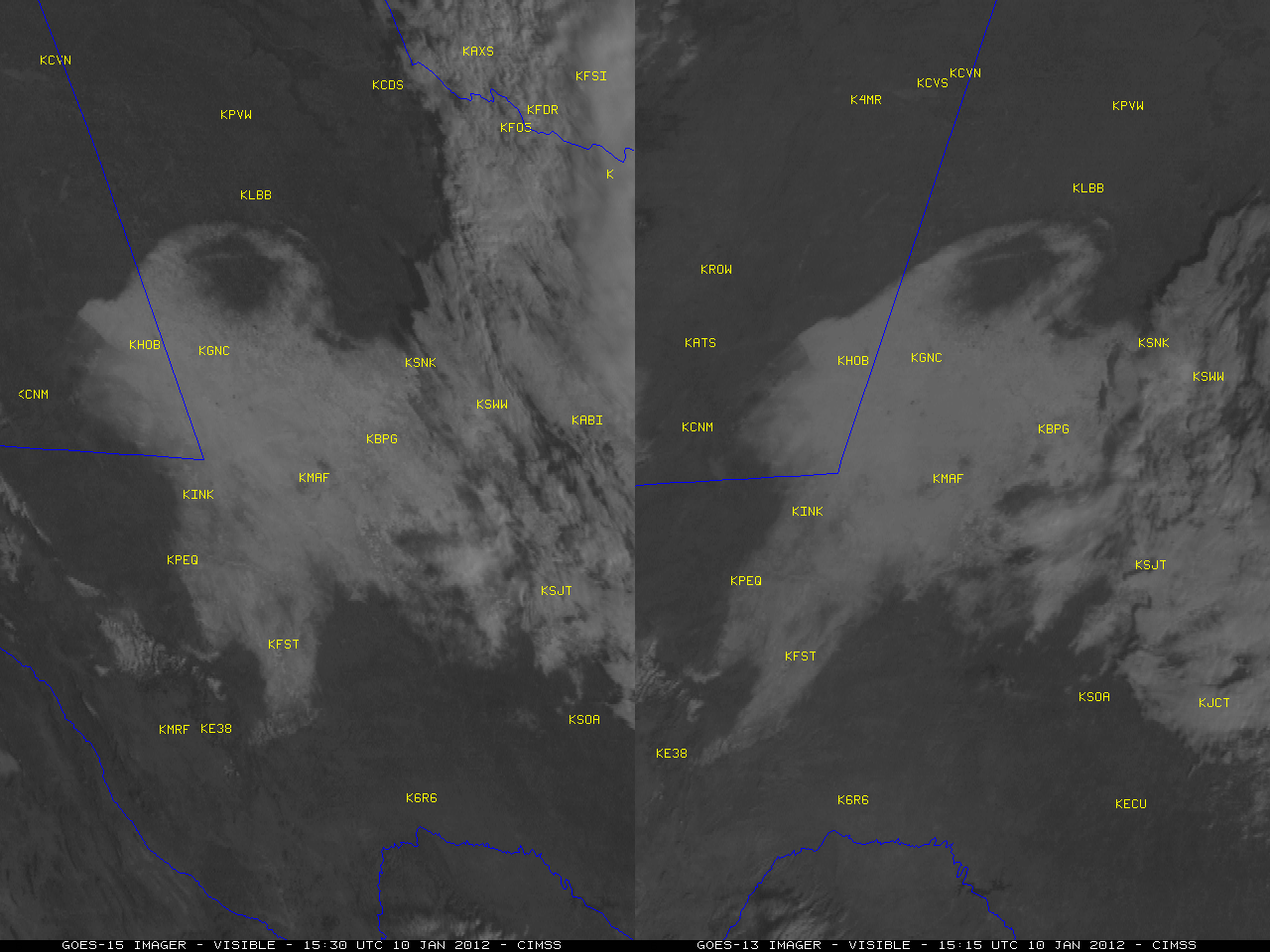 GOES-15 (GOES-West) and GOES-13 (GOES-East) 0.63 Âµm visible images (click image to play animation)