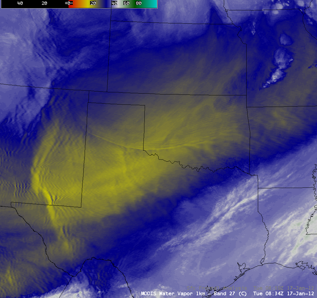 MODIS 6.7 Âµm water vapor channel image + Surface frontal analysis