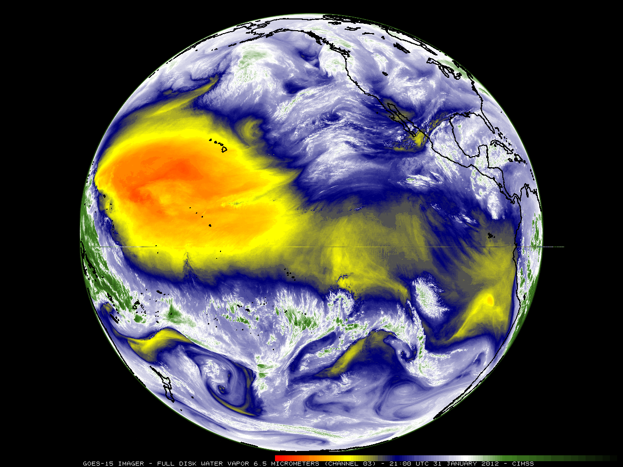 GOES-15 full disk 6.5 Âµm water vapor channel images (click image to play animation)