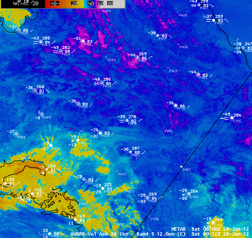 POES AVHRR 12.0 Âµm and MODIS 11.0 Âµm IR images (with METAR surface reports)
