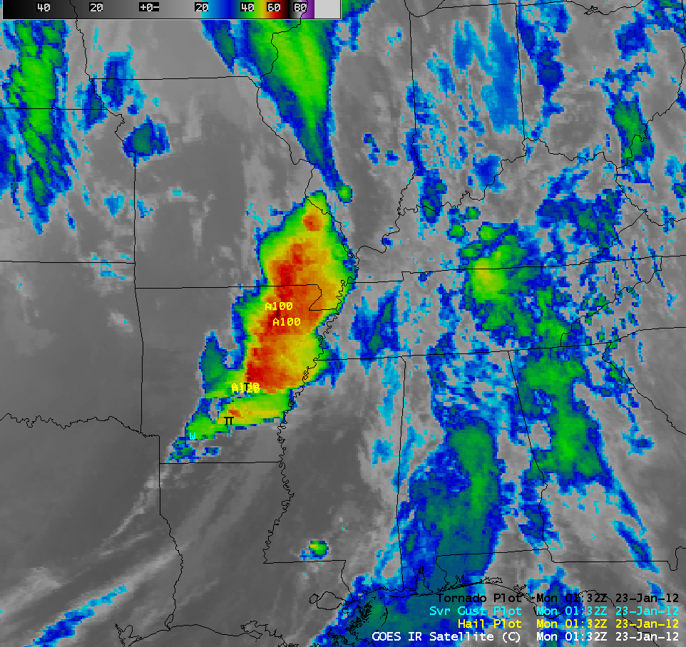 GOES-13 10.7 Âµm IR channel images + severe weather reports (click image to play animation)