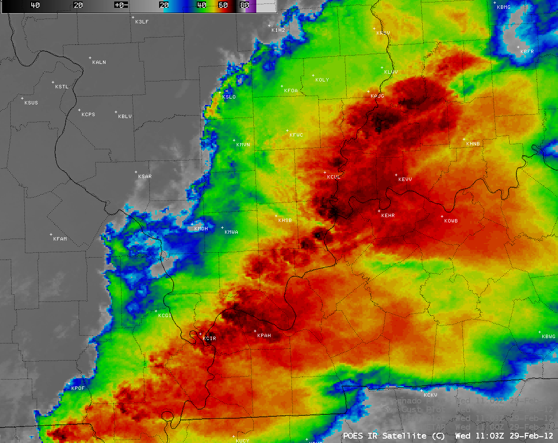 POES AVHRR 10.8 Âµm IR image + Hail, Severe Wind Gust, and Tornado reports