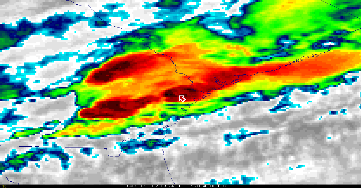 GOES-13 11-micron enhanced imagery with auto-detected Thermal Couplet (Enhanced V) indicated by white arrow