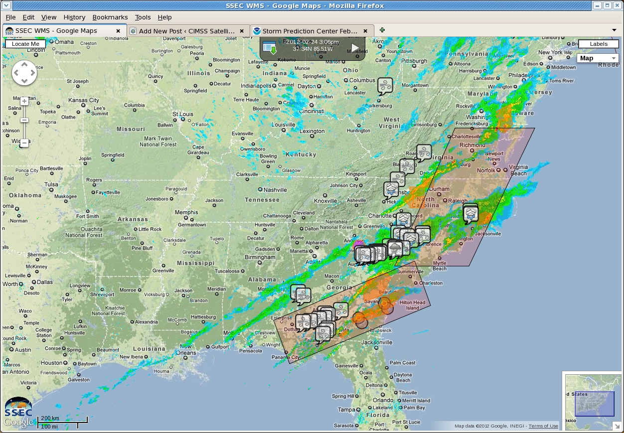 Web Map Service mapping of radar returns, watches/warnings, and satellite-detected cloud features