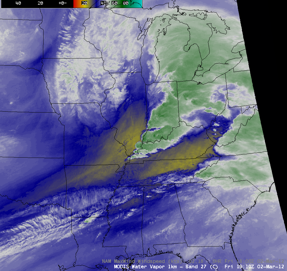 MODIS 6.7 Âµm water vapor channel image + NAM maximum wind speeds