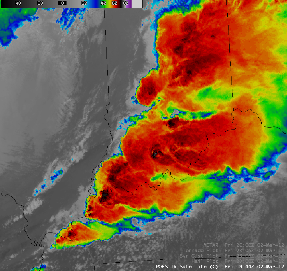 POES AVHRR 10.8 Âµm IR image + total cumulative hail, wind, and tornado reports
