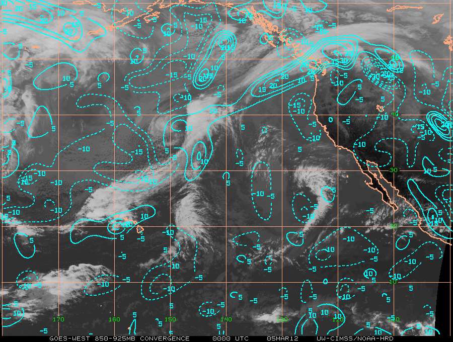GOES-15 10.7 Âµm IR images + satellite wind derived lower-level convergence