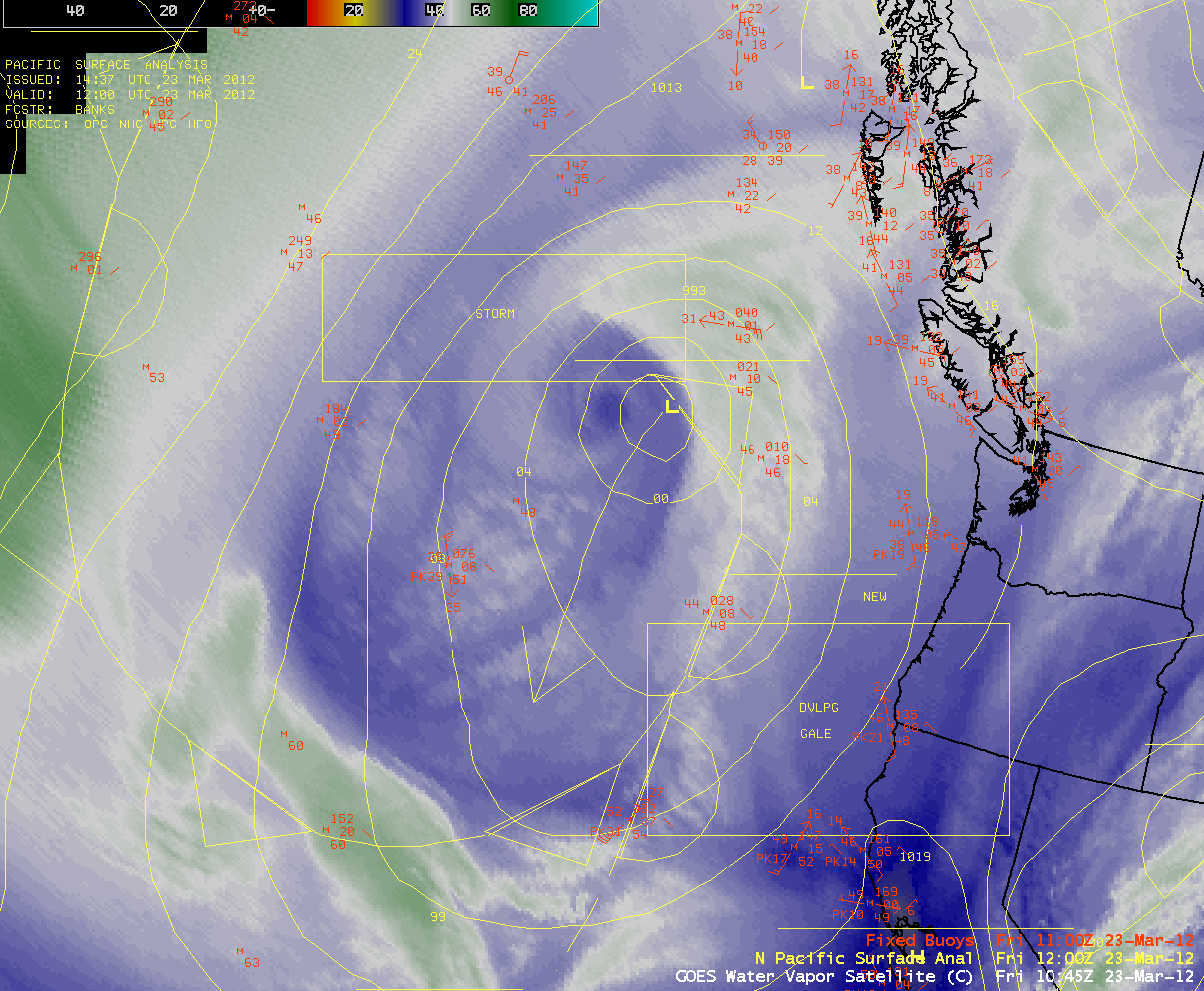 GOES-13 + GOES-15 6.5 Âµm water vapor channel images (with surface analyses and buoy reports)