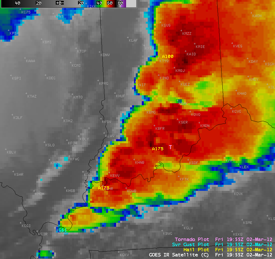 GOES-13 10.7 Âµm IR images + Severe storm reports (click image to play animation)
