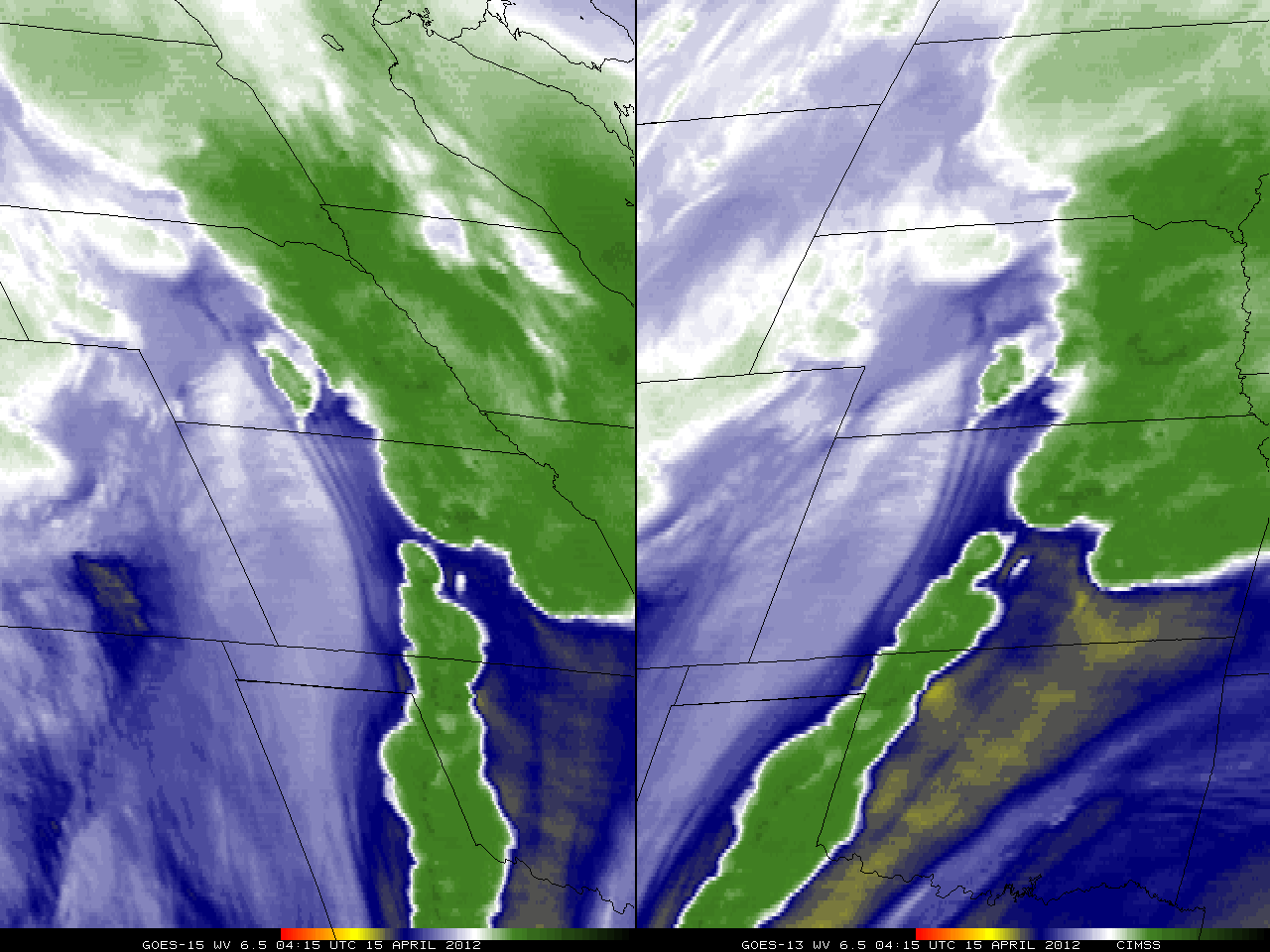 GOES-15 (left) and GOES-13 (right) 6.5 Âµm water vapor channel images (click image to play animation)