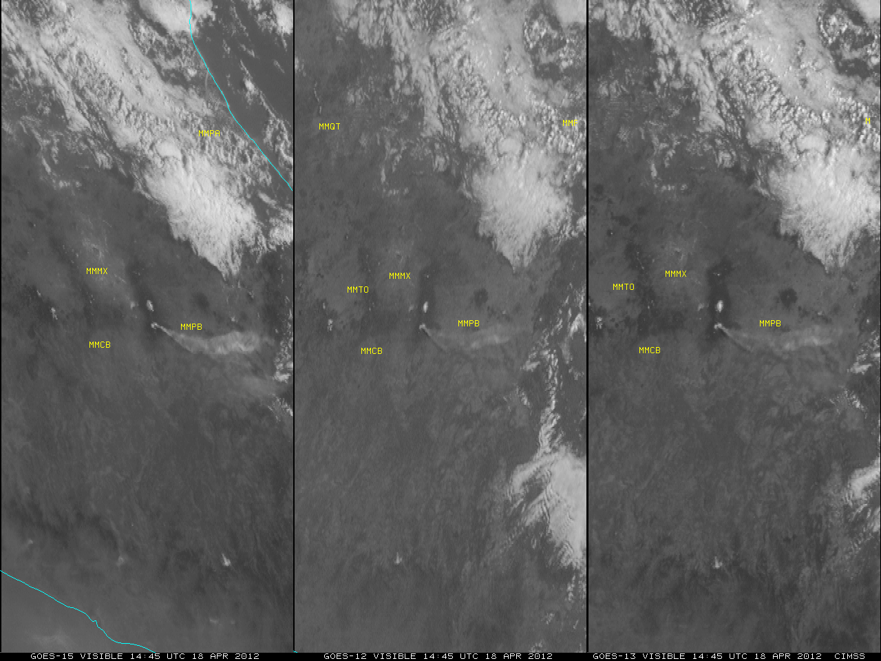 GOES-15 (left), GOES-12 (center), and GOES-13 (right) visible channel images (click image to play animation)