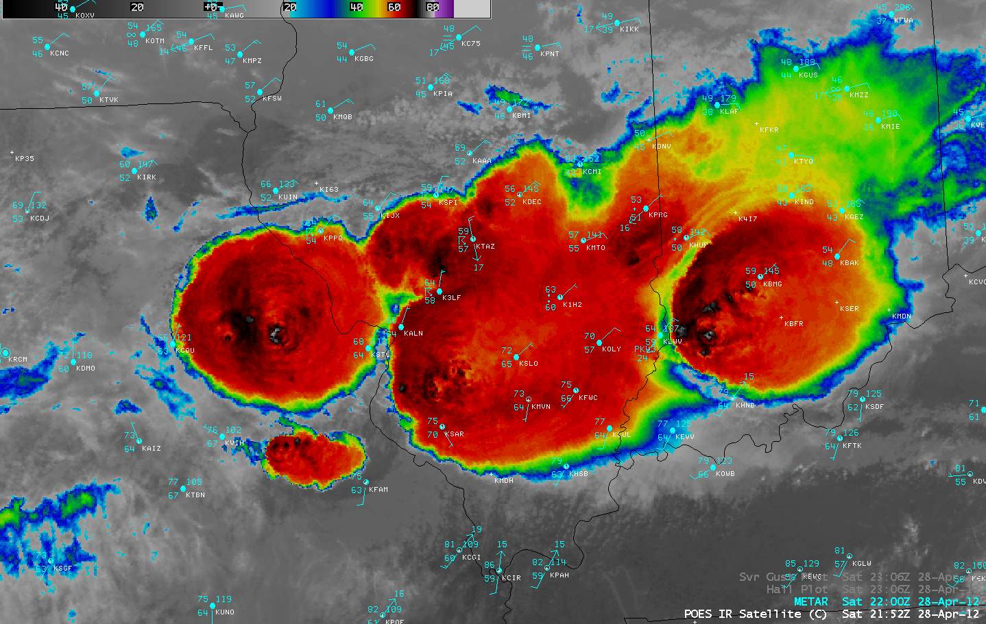 POES AVHRR 10.8 Âµm IR image + cumulative SPC storm reports of hail and  wind gusts