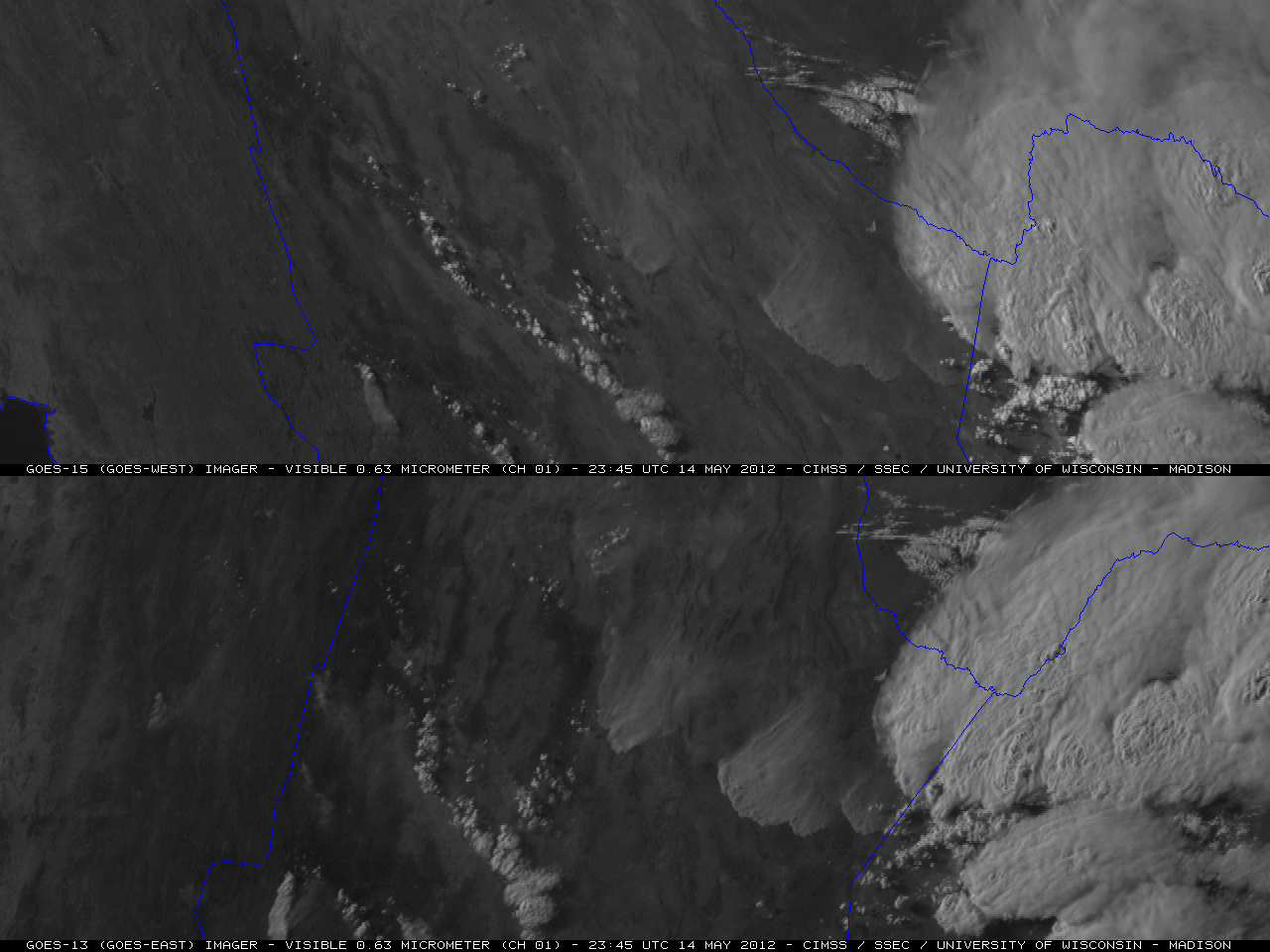 GOES-15 (top) and GOES-13 (bottom) 0.63 Âµm visible images (click image to play animation)