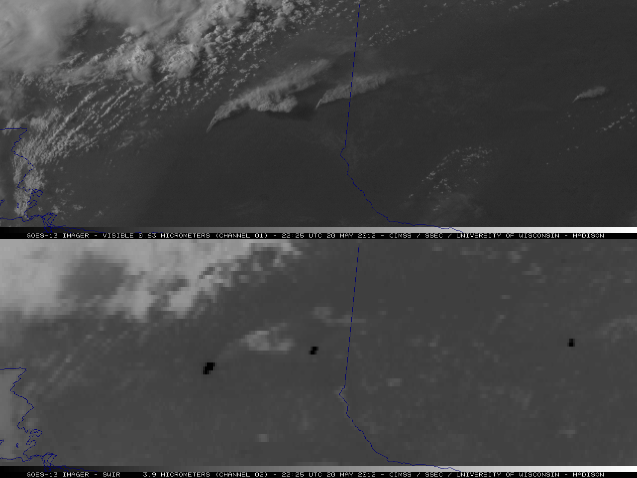 GOES-13 0.63 Âµm visible and 3.9 Âµm shortwave IR images (click image to play animation)