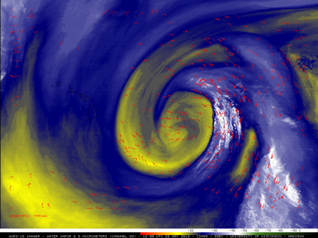 GOES-15 6.5 Âµm water vapor images + Water vapor winds (click image to play animation)