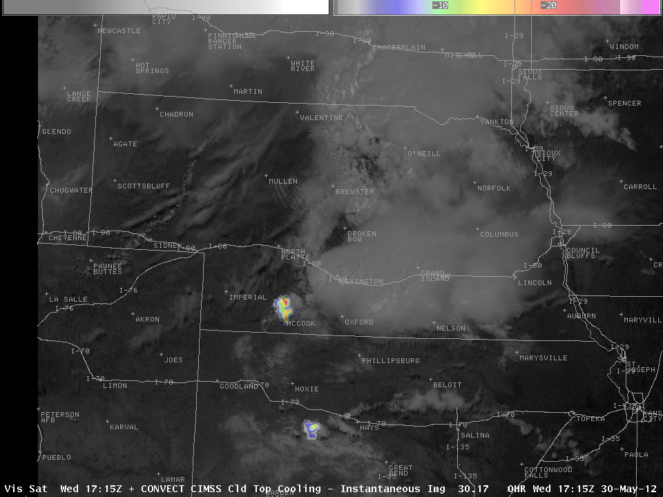 GOES-13 Visible Imagery and UW Cloud-Top Cooling Rate