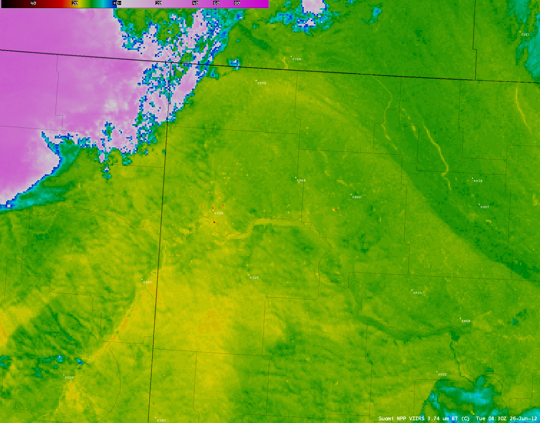 Suomi NPP VIIRS 3.74 µm shortwave IR and 0.7 µm Day/Night Band images