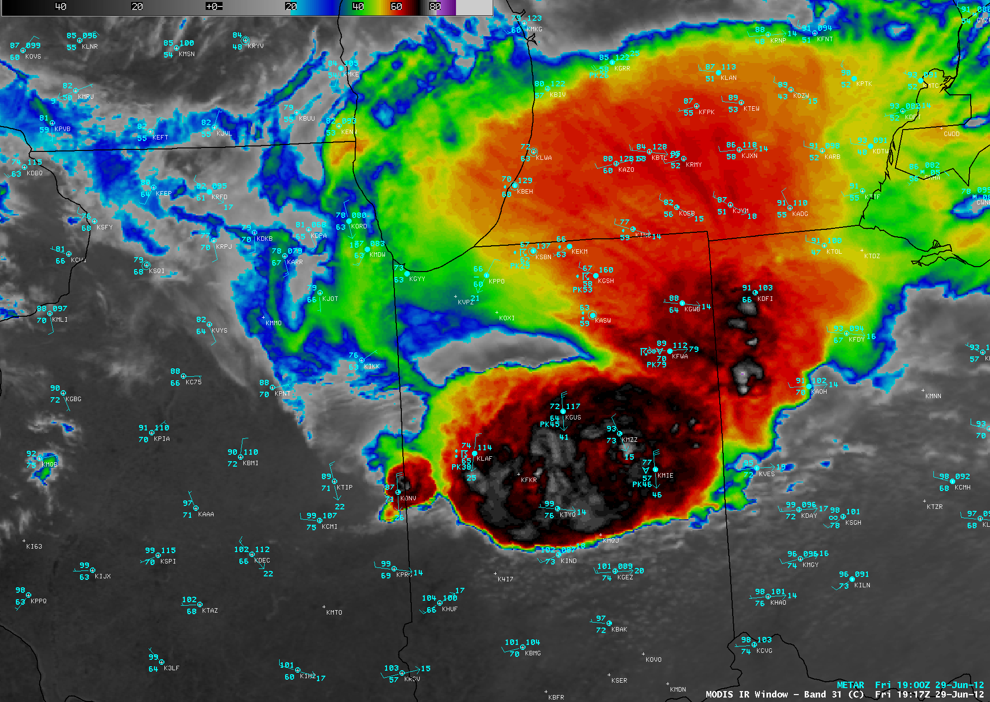 MODIS 0.65 Âµm visible, 11.0 Âµm IR, and cloud-to-ground lightning strikes data