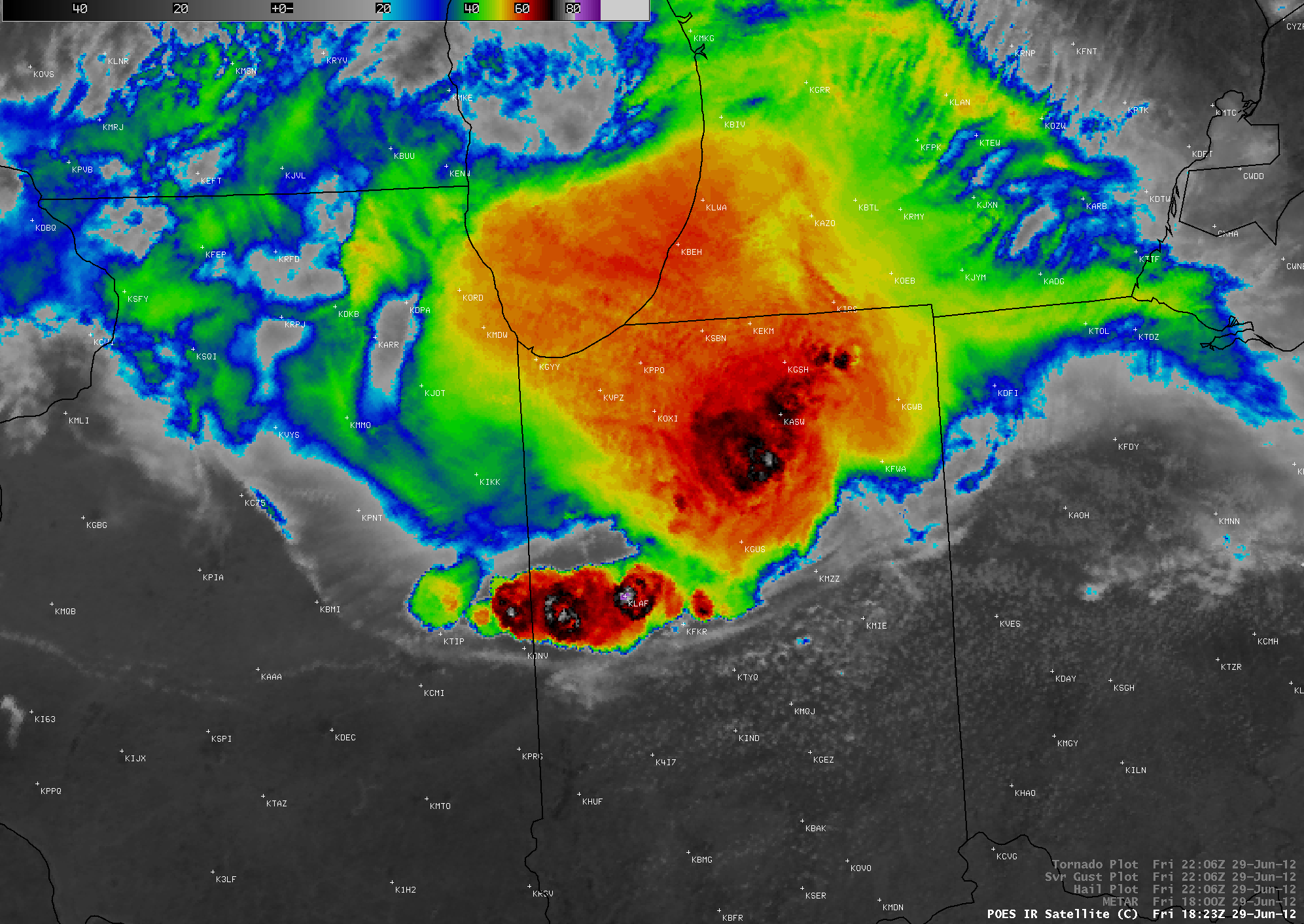 POES AVHRR 10.8 Âµm IR channel image + cumulative SPC storm reports
