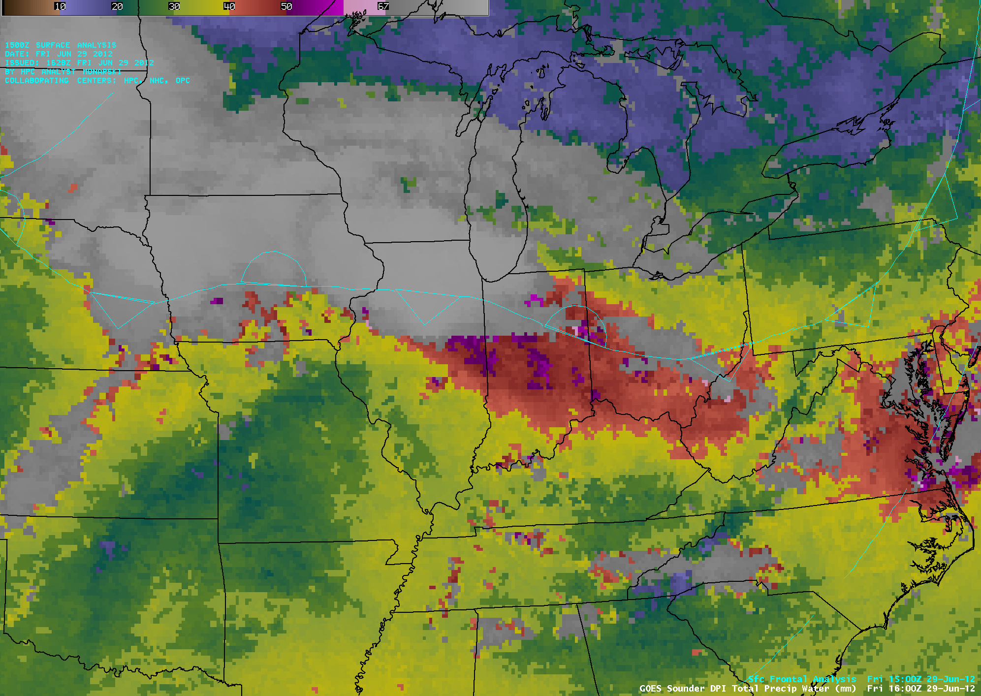 GOES-13 sounder Total Precipitable Water derived product imgery (click image to play animation)