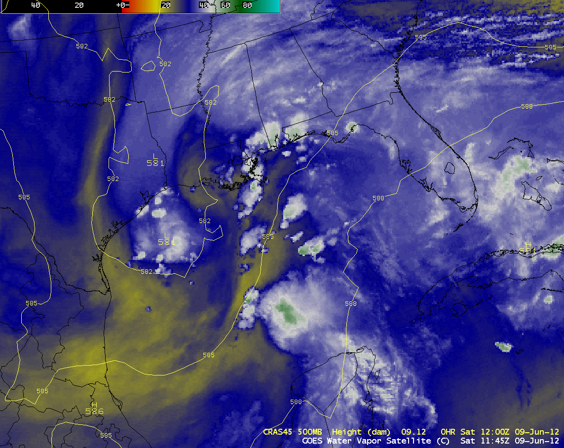 GOES-13 6.5 Âµm water vapor channel + CRAS 500 hPa heights (click image to play animation)