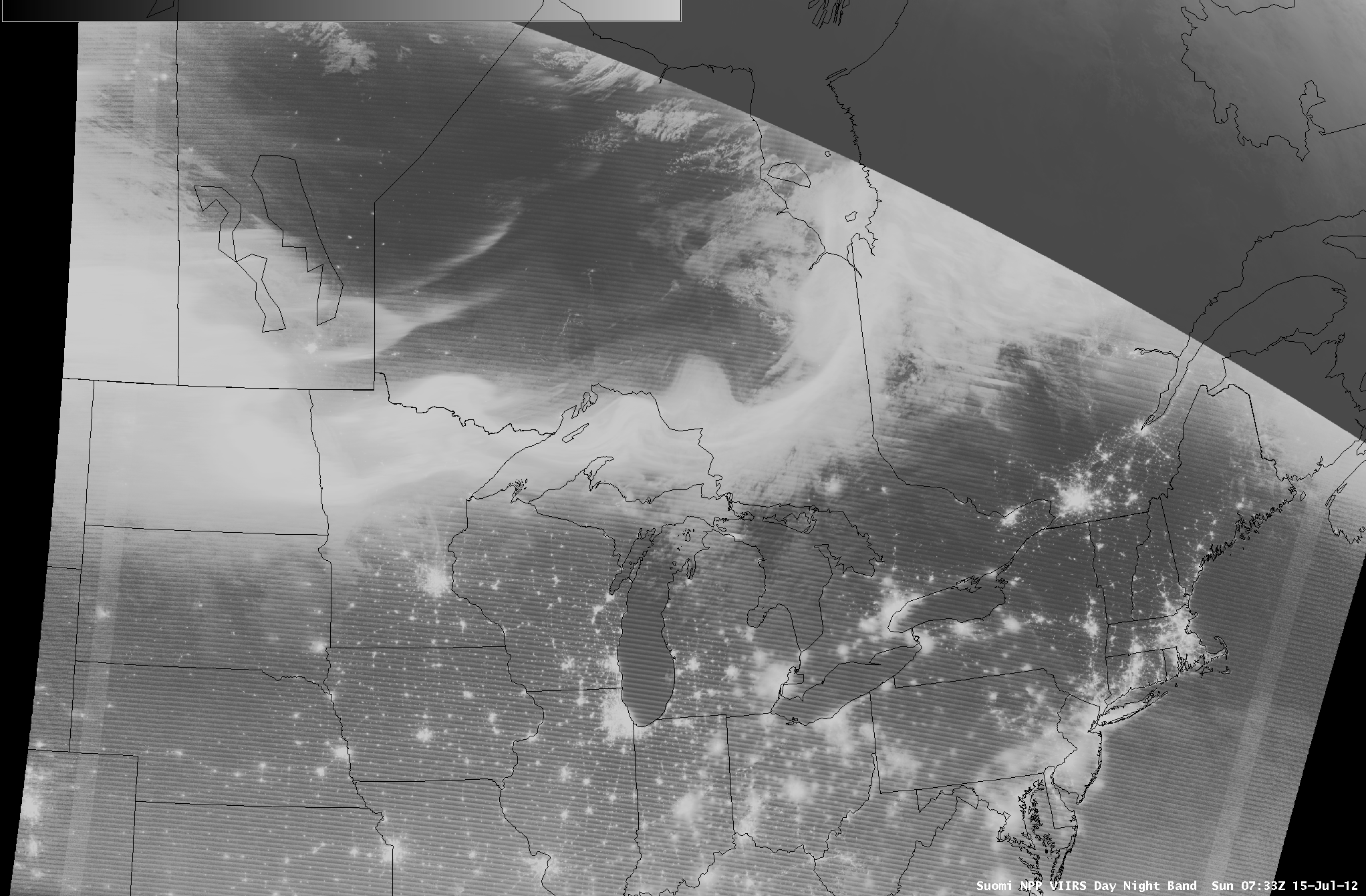 Suomi NPP VIIRS 0.7 Âµm Day/Night Band images (15 and 16 July)