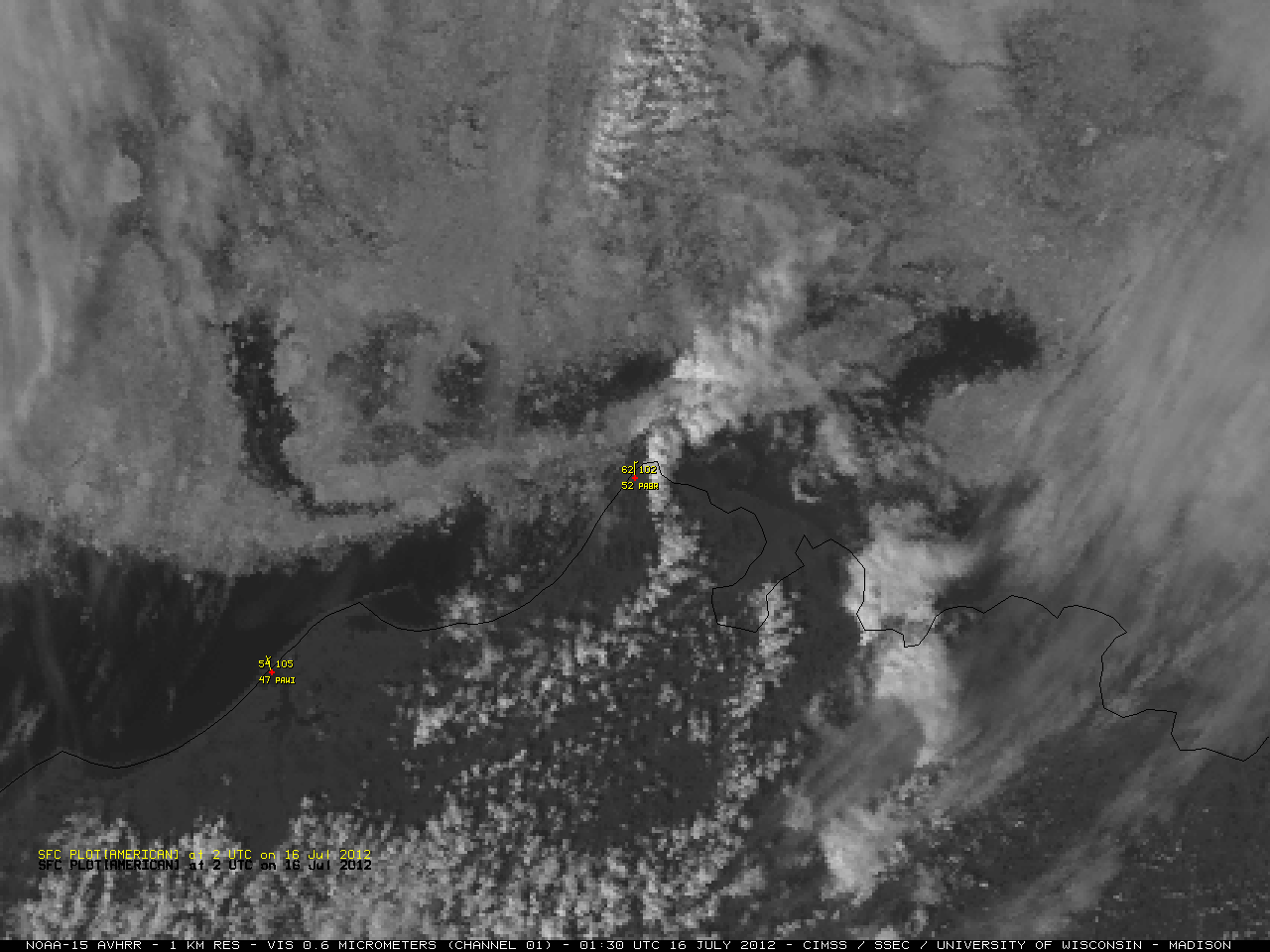 NOAA-15 AVHRR 0.6 µm visible channel and 10.8 µm IR channel images [click to enlarge]