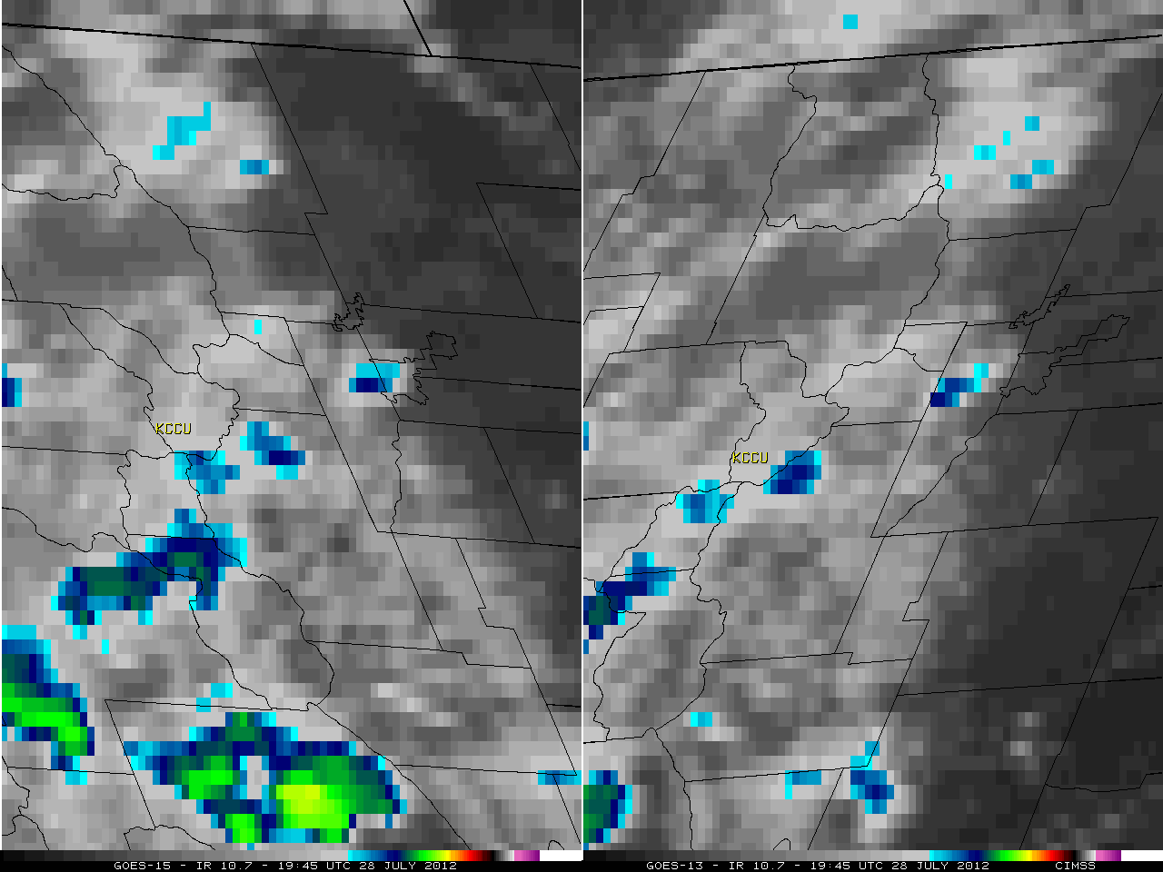 GOES-15 (left) and GOES-13 (right) 10.7 Âµm IR channel images