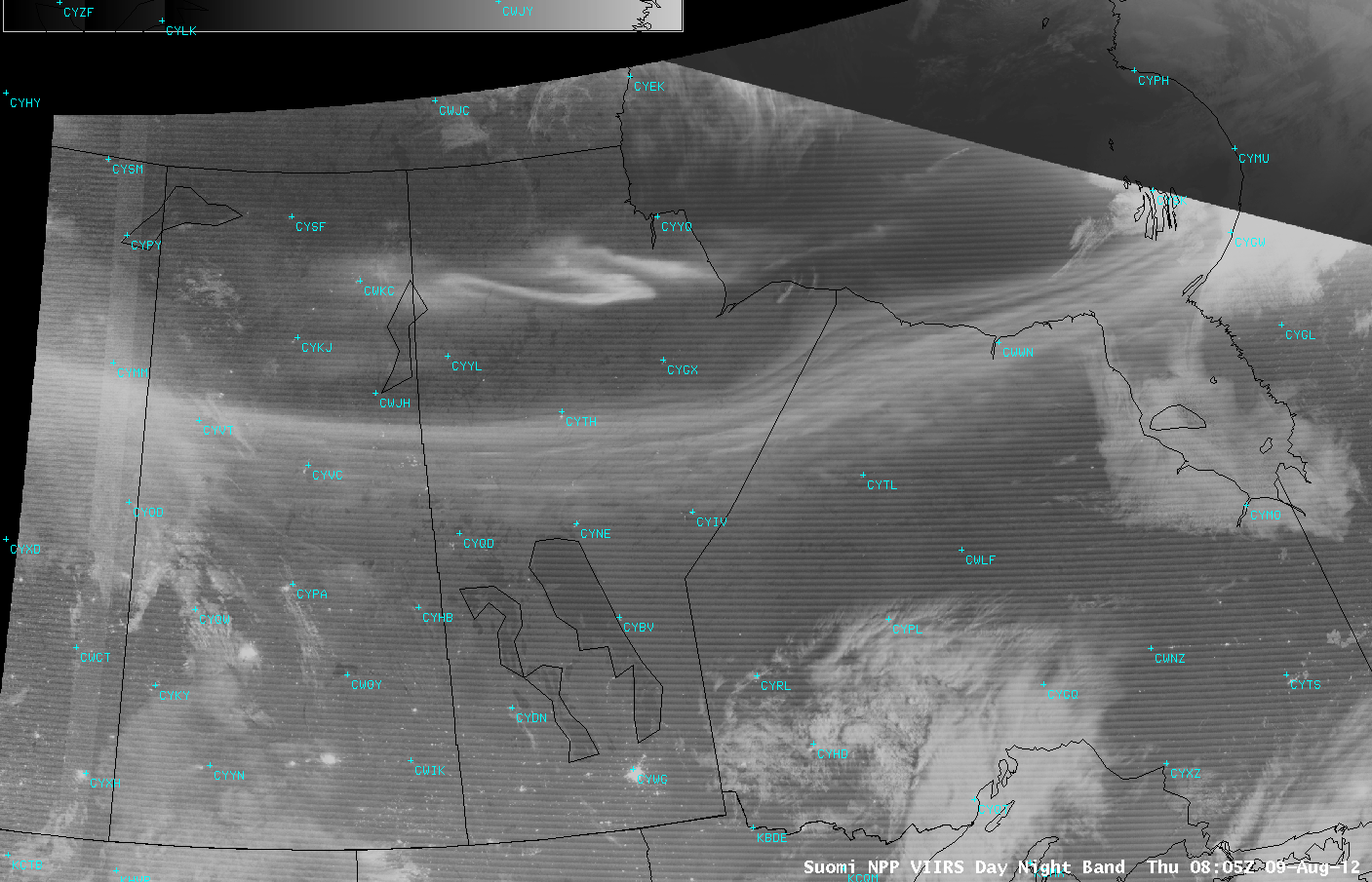 Suomi NPP VIIRS 0.7 Âµm Day/Night Band, 11.45 Âµm IR, and 11.45-3.74 Âµm "fog/stratus product" images