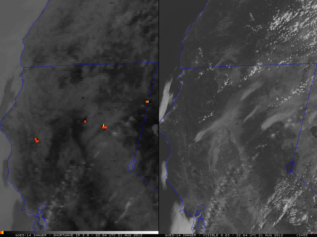 GOES-14 3.9 Âµm shortwave IR (left) and 0.63 Âµm visible (right) images (click image to play animation)