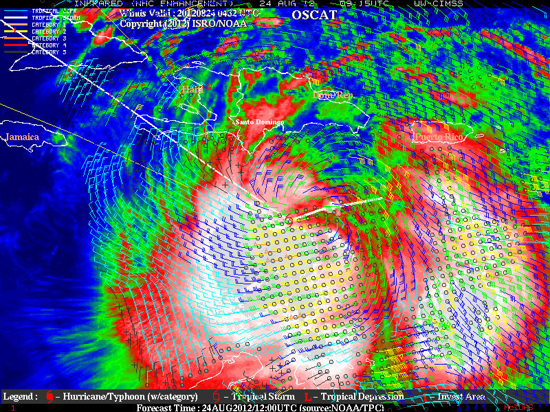 GOES-13 10.7 Âµm IR channel images + OSCAT scatterometer surface winds