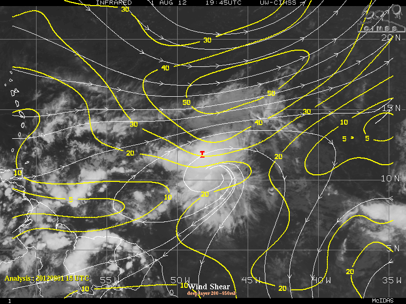 Infrared imagery and diagnosed wind shear over Tropical Depression #5