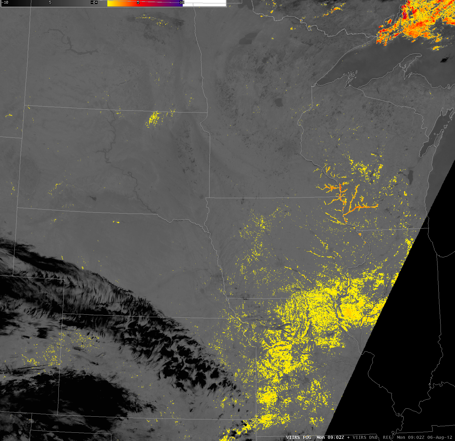 VIIRS Brightness Temperature Difference (between 11.35 and 3.74 Âµm) and DayNight Band (DNB) at 0902 UTC 6 August 2012 (click image to play animation)