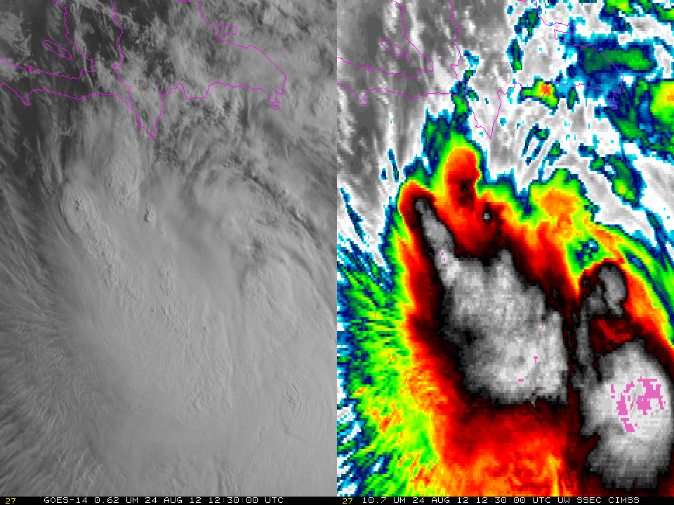 GOES-14 0.63 Âµm visible channel images and 10.7 Âµm images (click image to play animation)