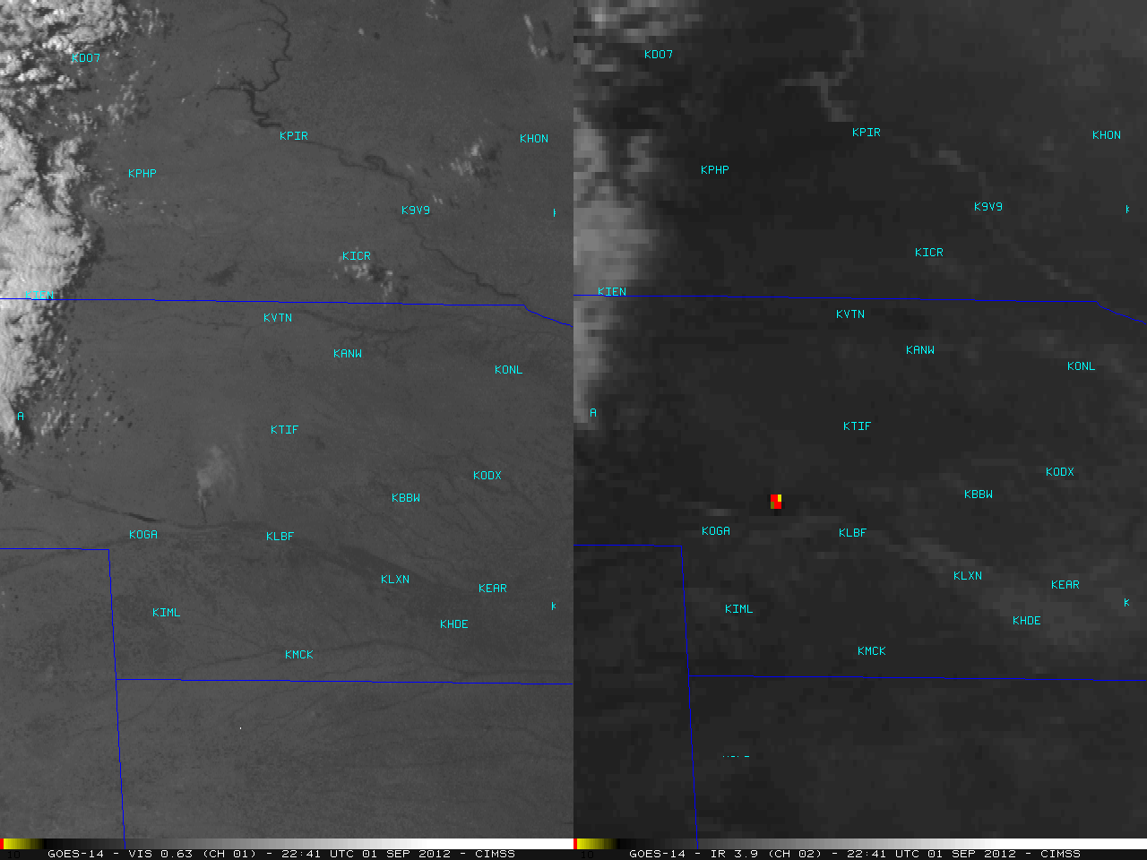 GOES-14 0.63 Âµm visible + 3.9 Âµm shortwave IR images (click image to play animation)