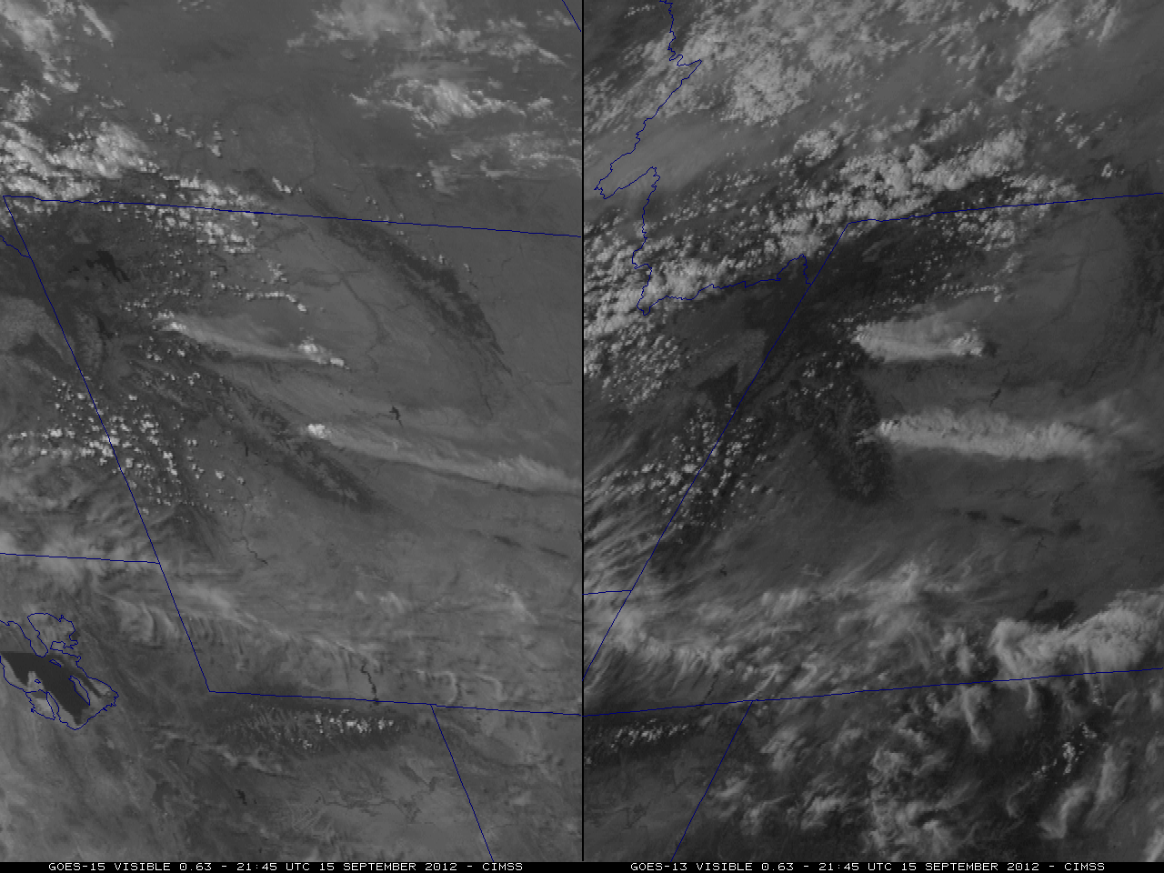 GOES-15 (left) and GOES-13 (right) 0.63 Âµm visible images (click image to play animation)