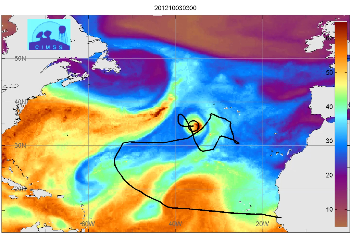 MIMIC Total Precipitable Water product with track of Tropical Cyclone Nadine (click image to play QuickTime movie)