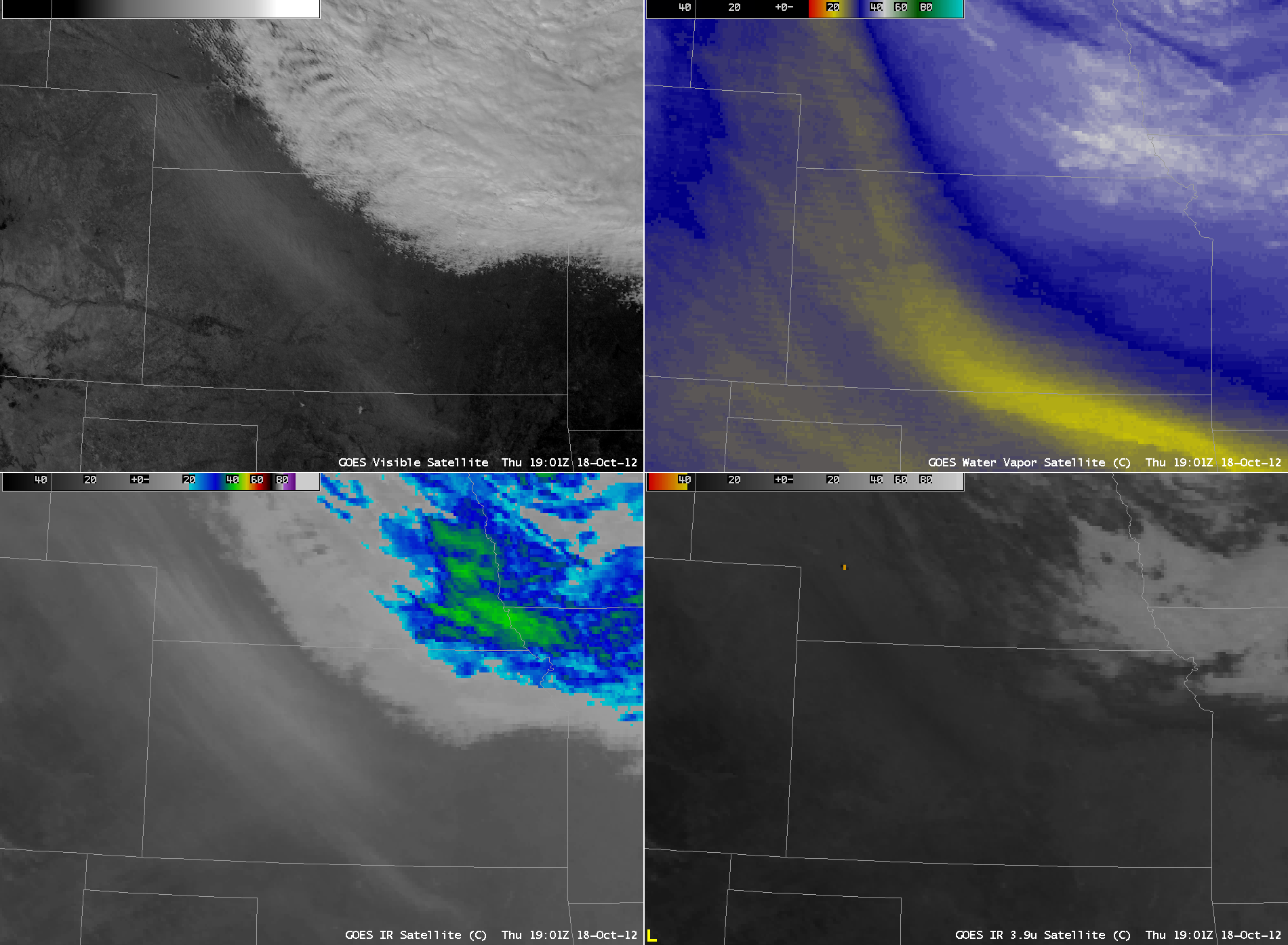 GOES-13 0.63 Âµm visible, 6.5 Âµm water vapor, 10.7 Âµm IR, and 3.9 Âµm shortwave IR images (click image to play animation)
