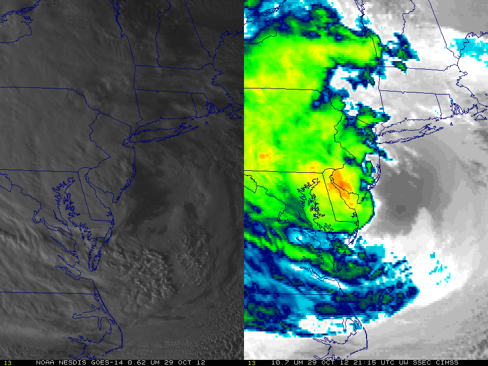 GOES-14 0.63 Âµm visible channel and 10.7 Âµm infrared images (click image for animation)
