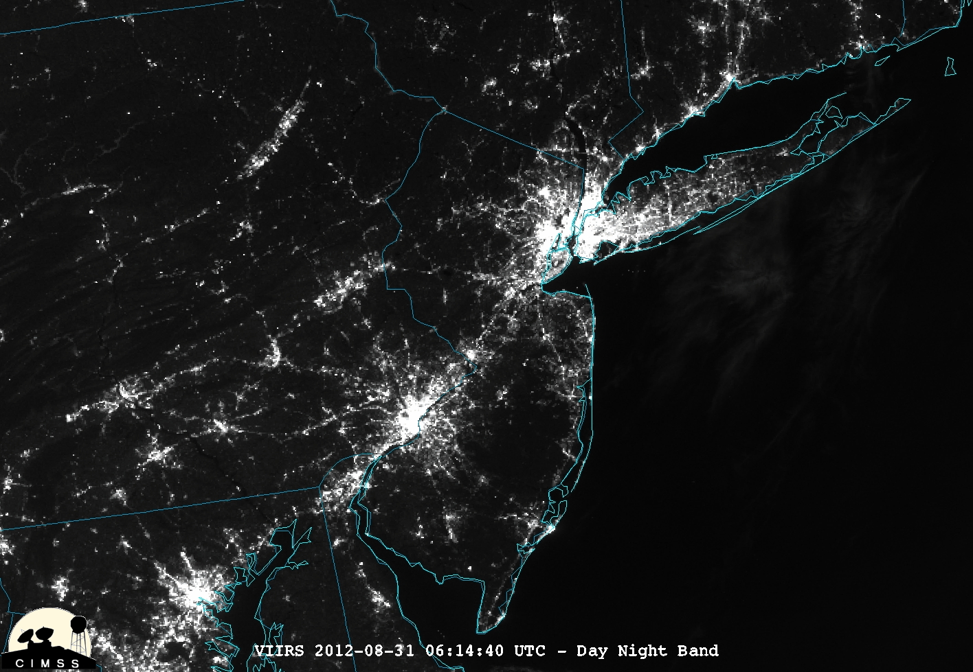 Suomi NPP VIIRS 0.7 Âµm Day/Night Band images (pre-Sandy, and post-Sandy)