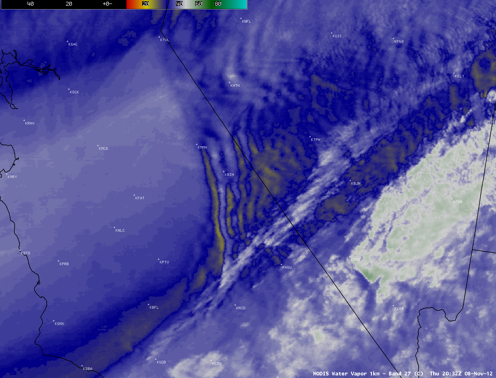 MODIS 6.5 Âµm water vapor channel, 6.5 Âµm visible channel. and 11.0 Âµm IR channel images