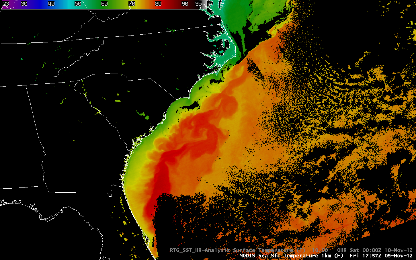 MODIS Sea Surface Temperature (SST) product with overlay of RTG_SST High-Resolution model SST field