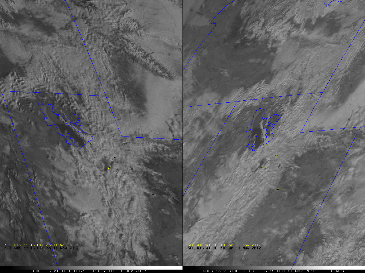 GOES-15 (left) and GOES-13 (right) 0.63 Âµm visible images (click image to play animation