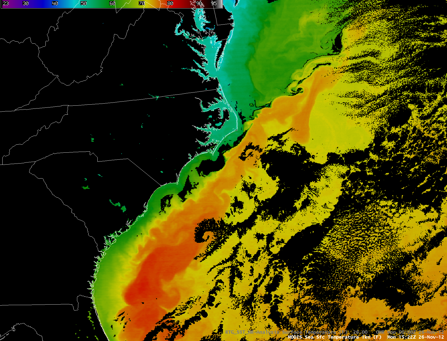 MODIS Sea Surface Temperature + RTG_SST_HR model analysis