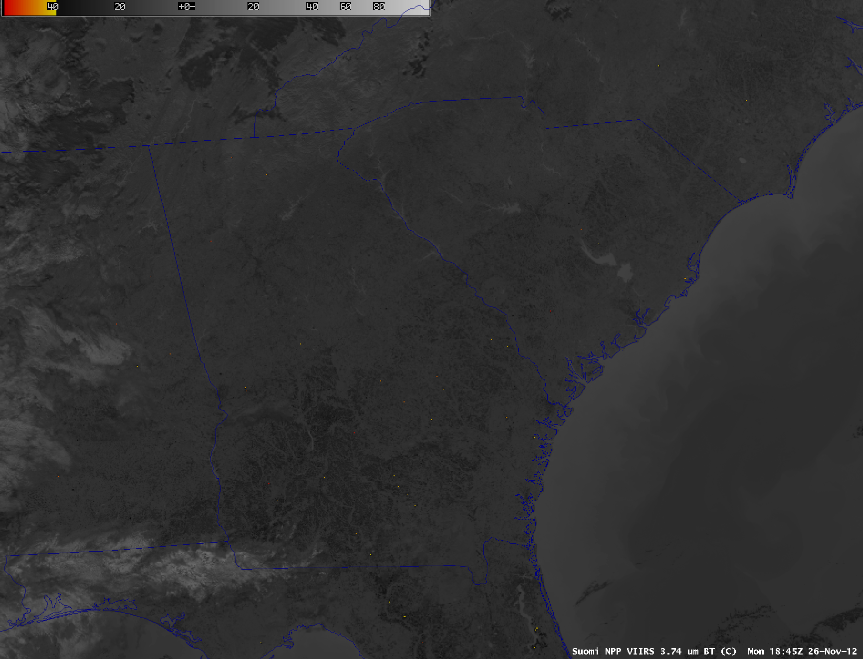 GOES-13 3.9 Âµm and Suomi NPP VIIRS 3.74 Âµm shortwave IR channel images