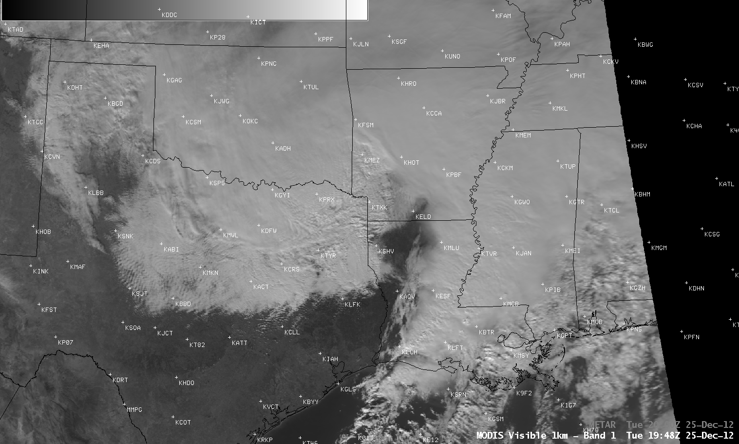 MODIS 0.65 Âµm visible, 11.0 Âµm IR, and 6.7 Âµm water vapor images